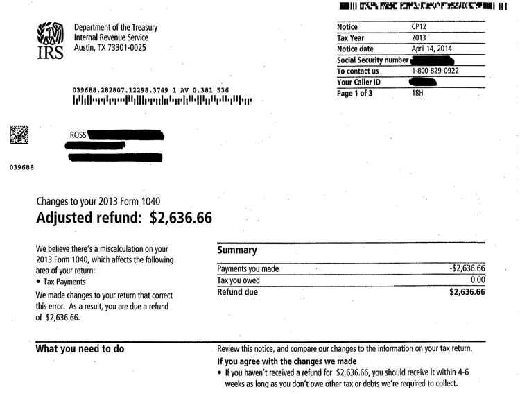 Fed 2013 refund notice page 1